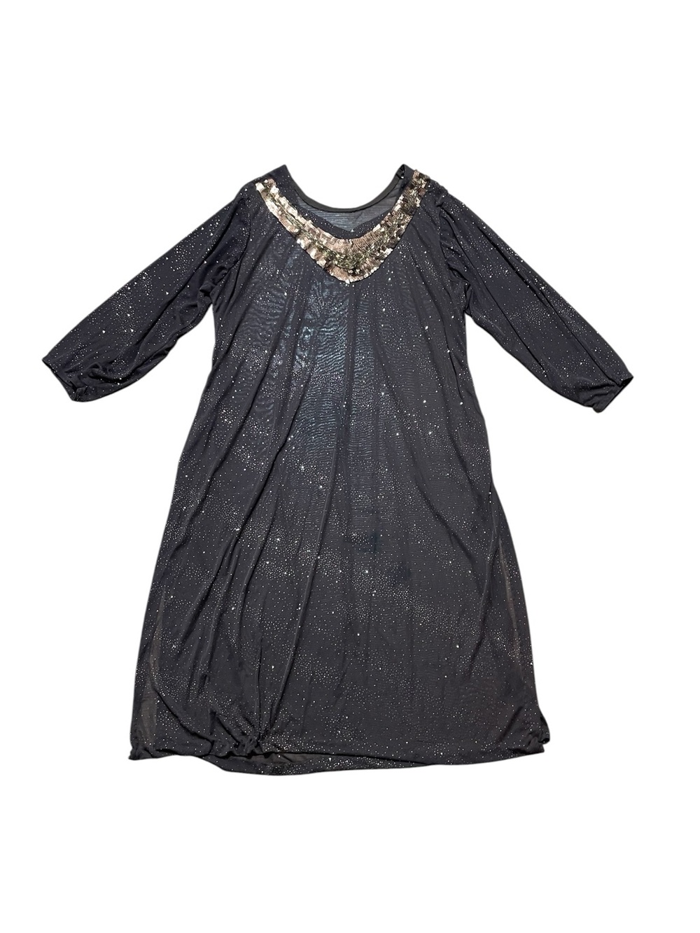 Vintage 90s Y2K Sheer Glitter Mesh Tunic Dress Sequin V Neck Side Slit Brown M